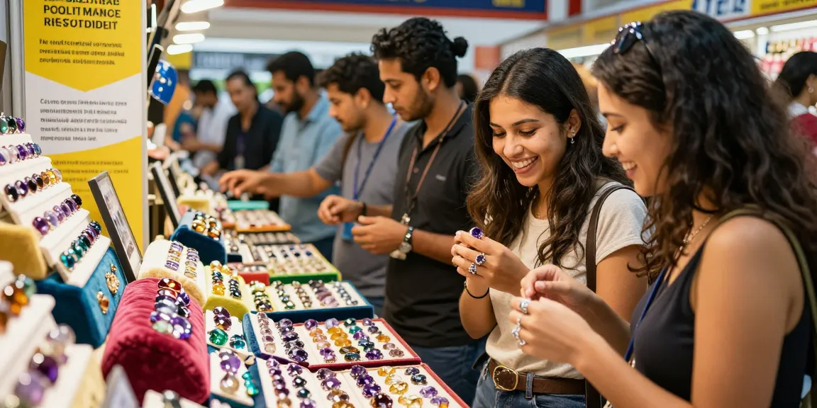 Explore stunning gemstones at https://www.mygemspot.com in a lively marketplace filled with engaged shoppers and vibrant displays.