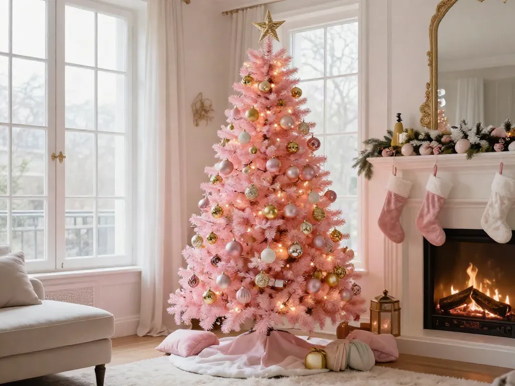 Stylish pink xmas tree with gold ornaments in a cozy living room