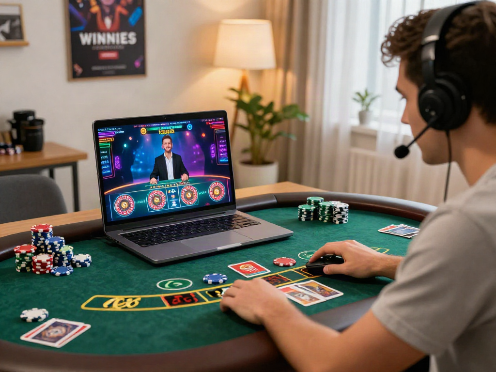 Player engaging in online casino games, showcasing colorful graphics and accessories for casino online excitement.