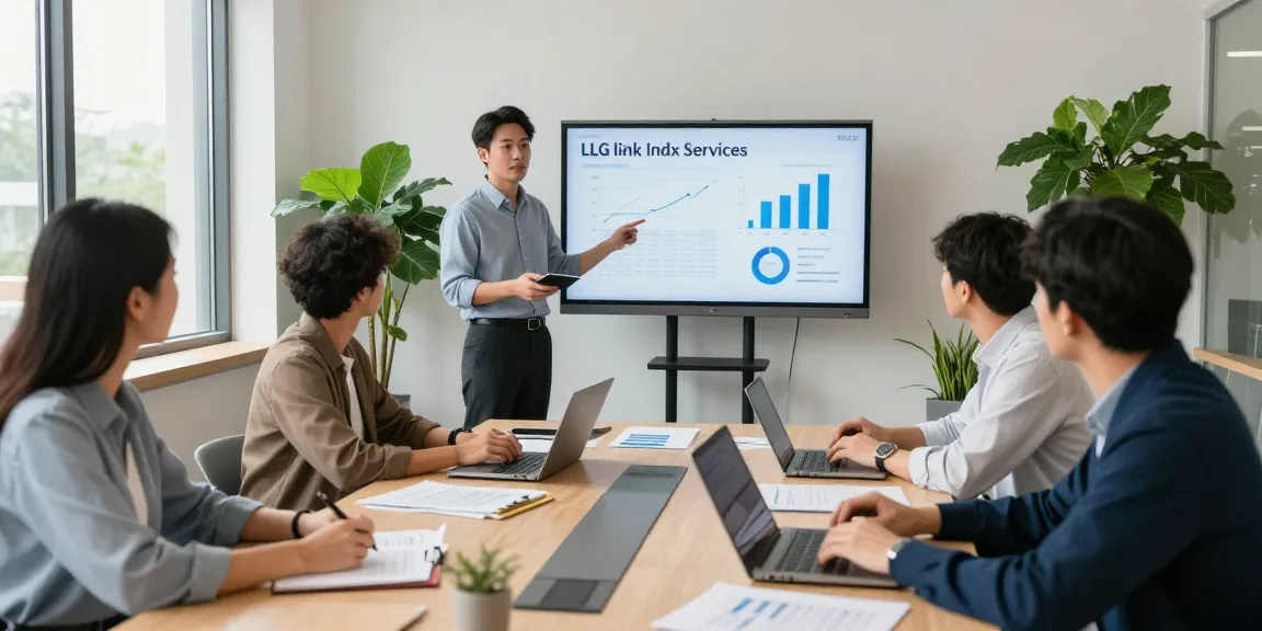 Team analyzing LLG link indx services in a bright conference room with digital presentation.