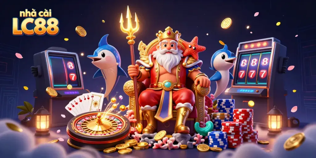 Experience the captivating realm of nhà cái LC88 with a vibrant 3D casino illustration, showcasing thrilling games and characters.