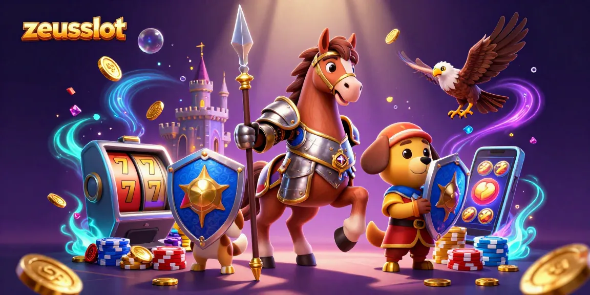 Spin zeusslot reels with cascading coins and vibrant characters in a magical casino scene.