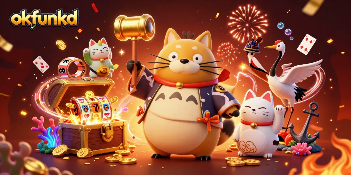 Spin the reels with okfunkd in a vibrant 3D casino scene featuring lively characters and thematic symbols.