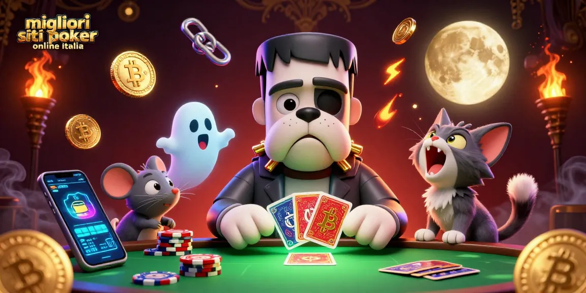 Migliori siti poker online Italia: Frankenstein bulldog e un topolino fantasma distribuiscono carte nel gioco del poker.
