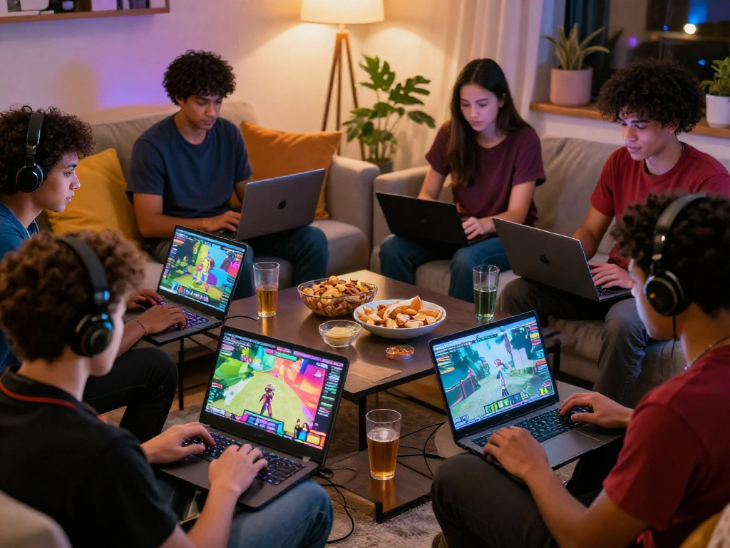 Enjoying porngames in a cozy living room with friends, vibrant gaming atmosphere.